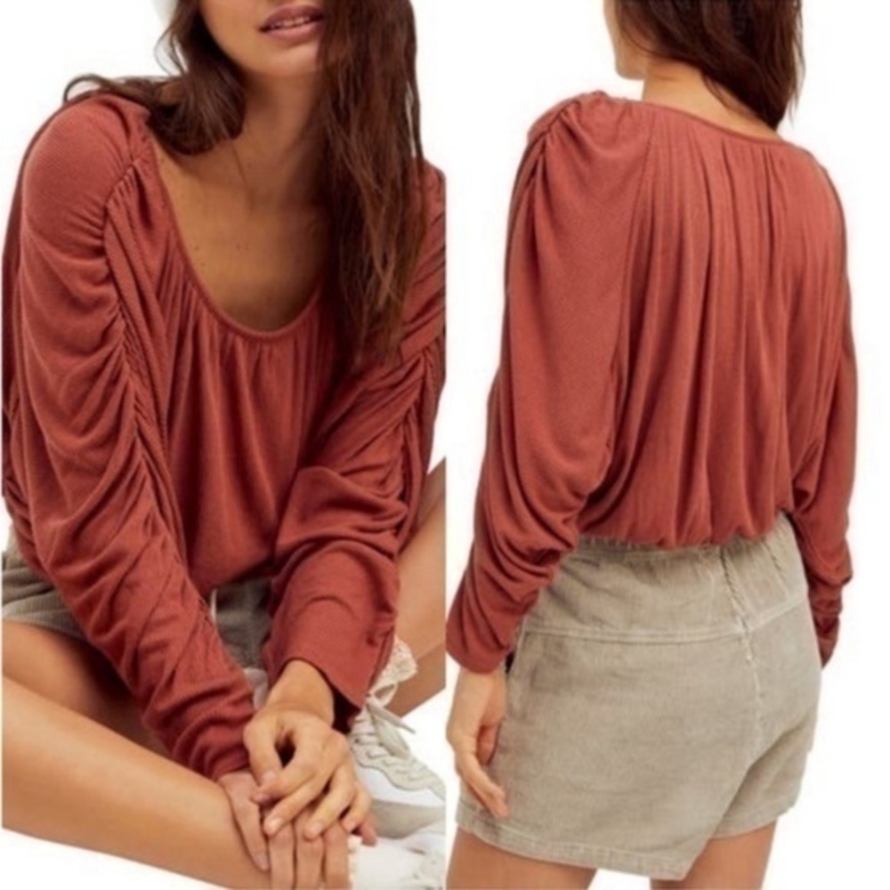 Free People Orange Bishop Sleeve Bubble Hem Long Sleeve Blouse